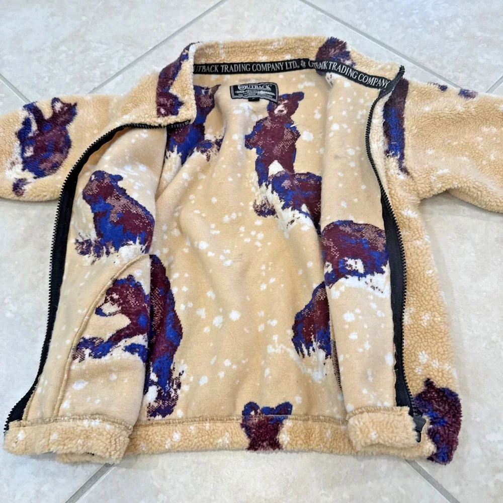 VTG RARE Kids Outback Trading Company Fleece‎ Jacket Bear Print Full Zip Size M